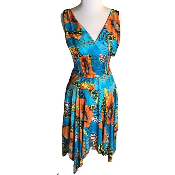 Boutique Brand Tropical Dress W/ V-Neck, elasticized waist, asymmetric hemline - Picture 1 of 12